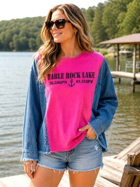 Reworked Denim T-shirt, Table Rock Lake Graphic Tee Upcycled Oversized Sz M - L